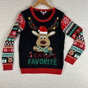 No Boundaries Ugly Christmas Sweater Large Reindeer Pompom Sequin Pattern Hoiday